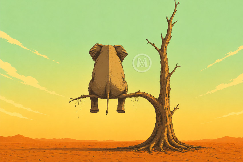 Startup complexity begins unnoticed as an elephant balances on a weakening branch.
