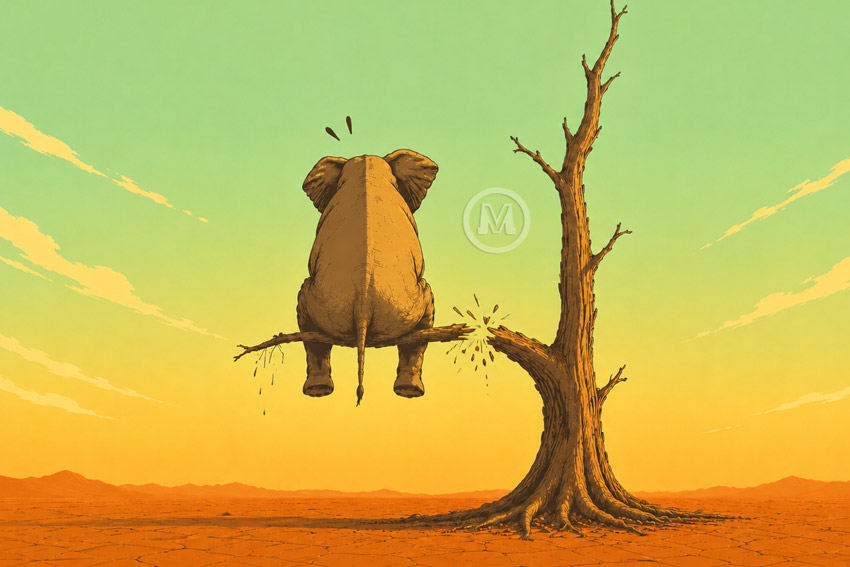 The branch cracks and the elephant panics as preparation starts outweighing progress.