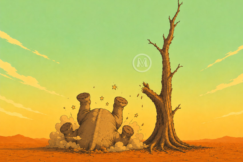 The elephant hits the ground, showing how overbuilding can break momentum before success.
