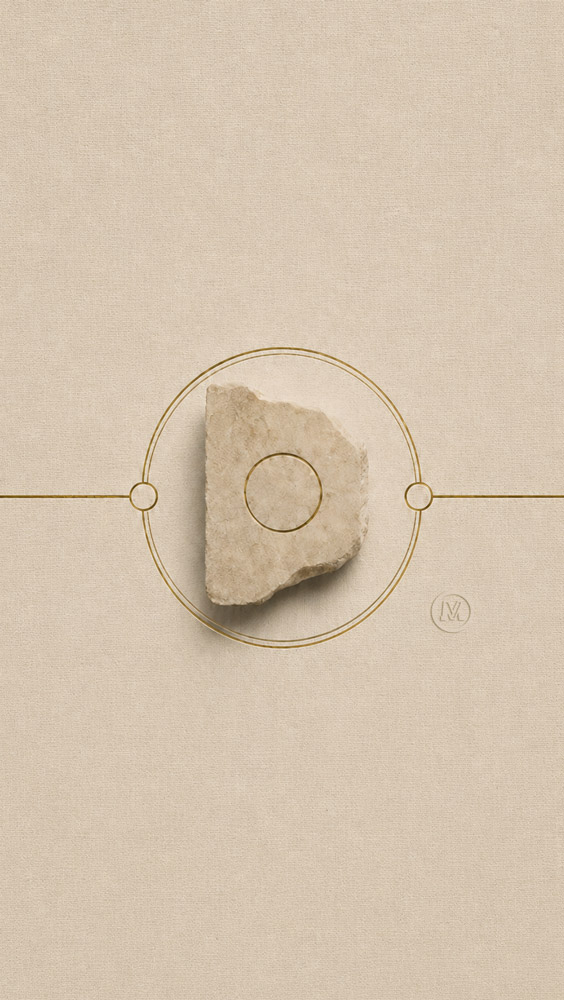Abstract illustration of a natural stone centered within geometric circles, symbolising brand philosophy as the enduring foundation behind product identity and design.