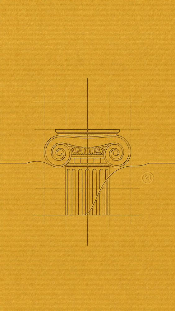 Classical Ionic column drawn with architectural guide lines, representing brand philosophy as the structural framework supporting product design and decisions.