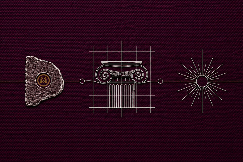 Abstract hero illustration showing a foundation stone, architectural column and radiating symbol connected by a single line, representing brand philosophy shaping product design.